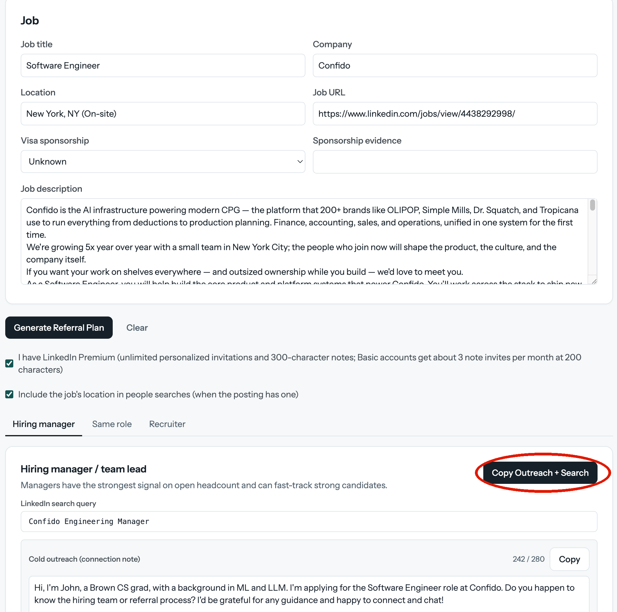 网站 Referral 页:职位已导入,Copy Outreach + Search 按钮