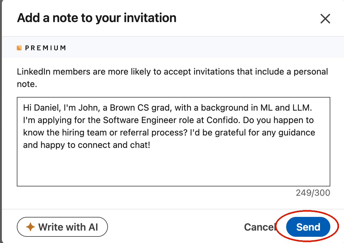 LinkedIn 邀请弹窗:自动填好的消息与 Send 按钮